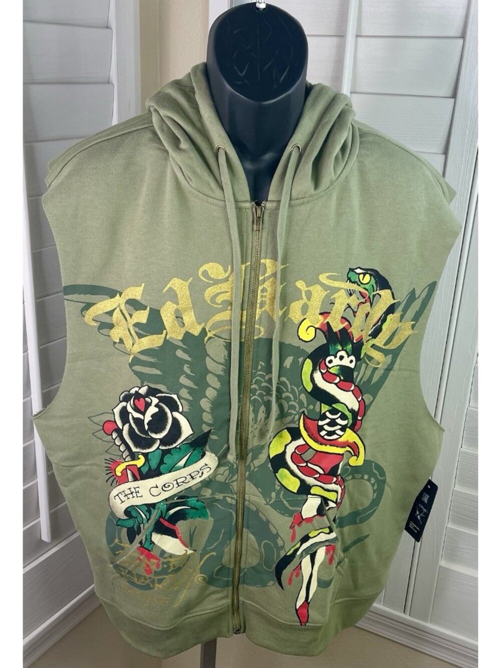 Ed Hardy Dagger/Rose The Corps FZ Fleece Cutoff Olive Green Hoodie, Men XL - NWT